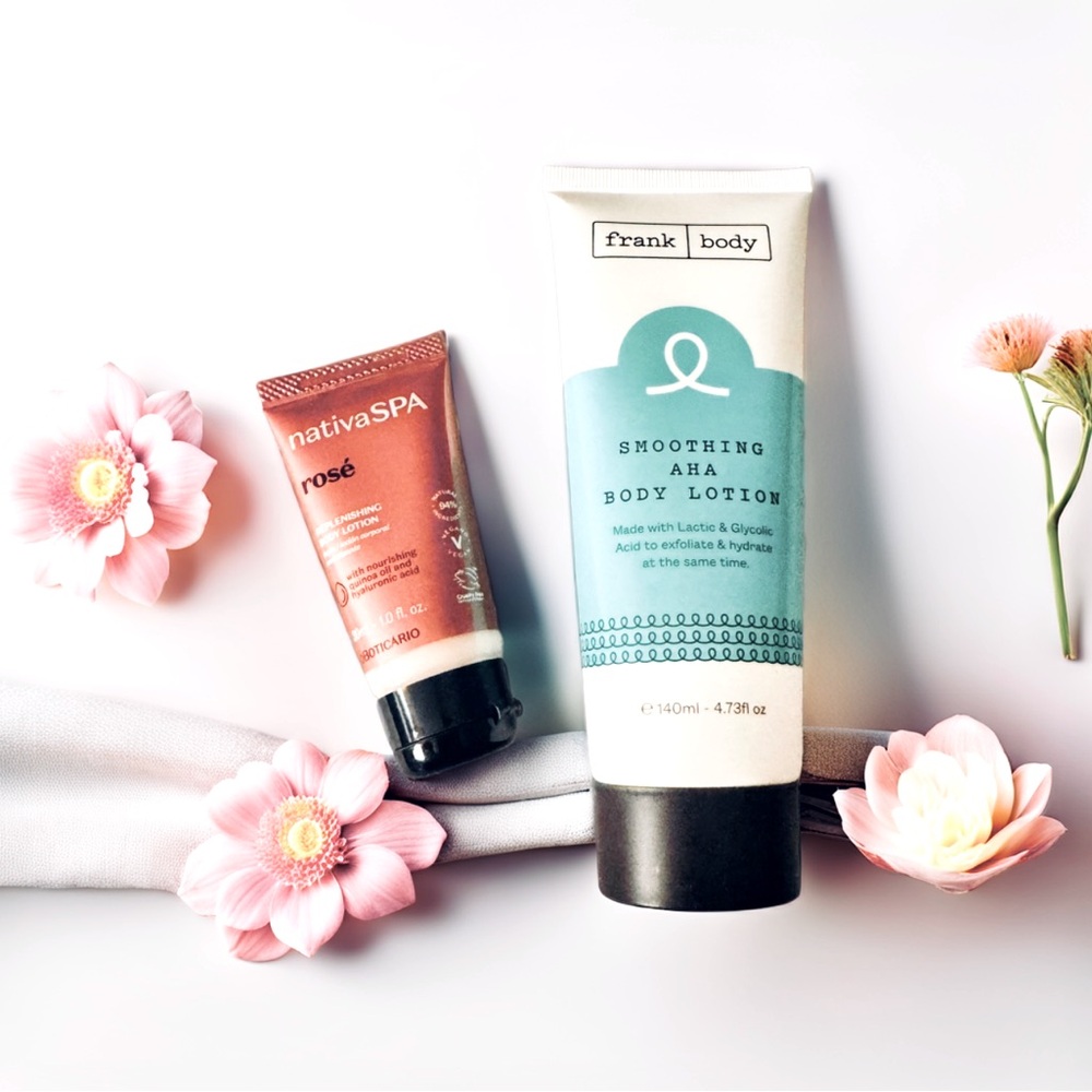 🌿 FRANK BODY Smoothing AHA Body Lotion + NATIVE SPA ROSÉ TRAVEL-SIZE LOTION